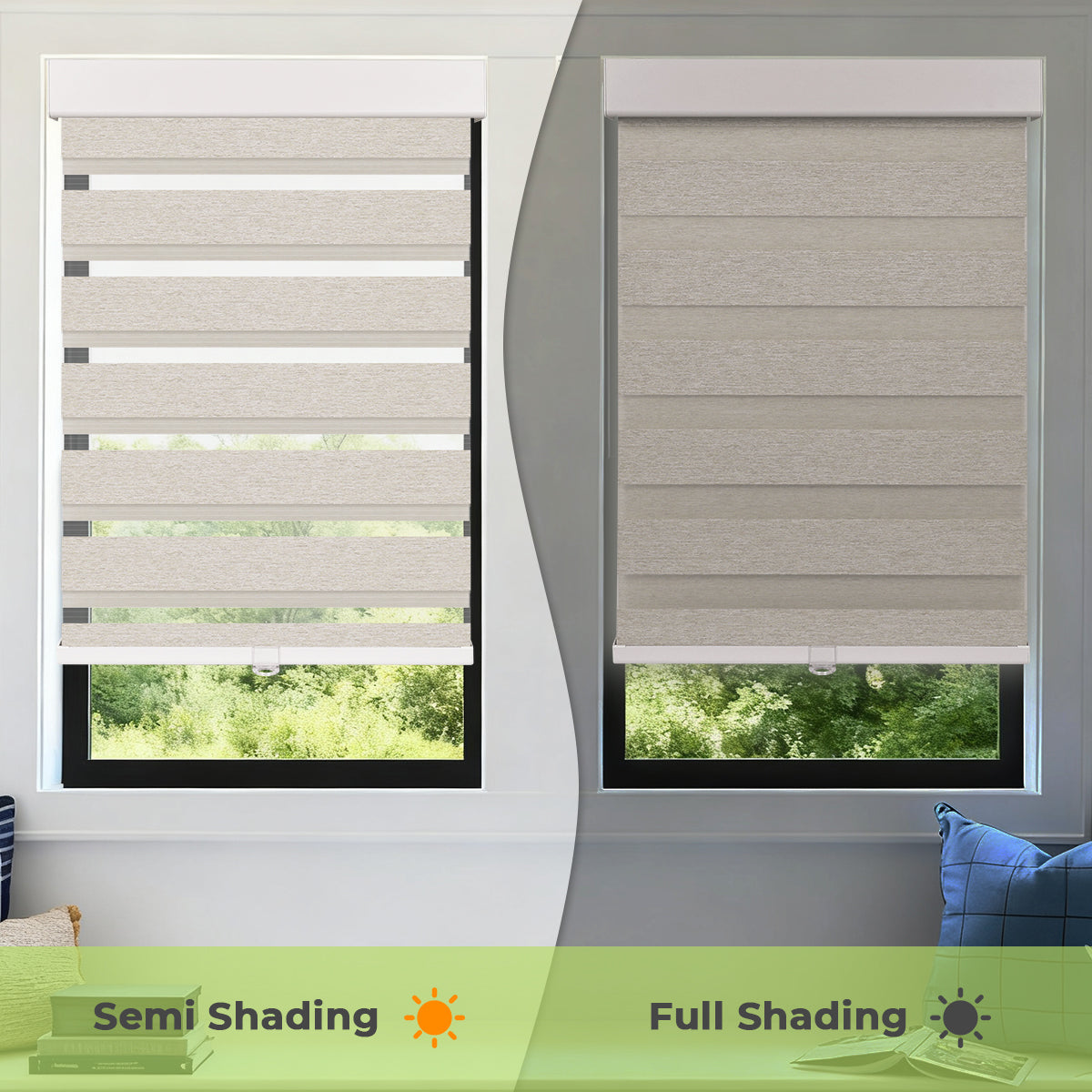 Bedroom comparison view of custom cordless cassette light filtering zebra blinds, showing different light levels with adjustable dual layer fabric for privacy and natural daylight control.
