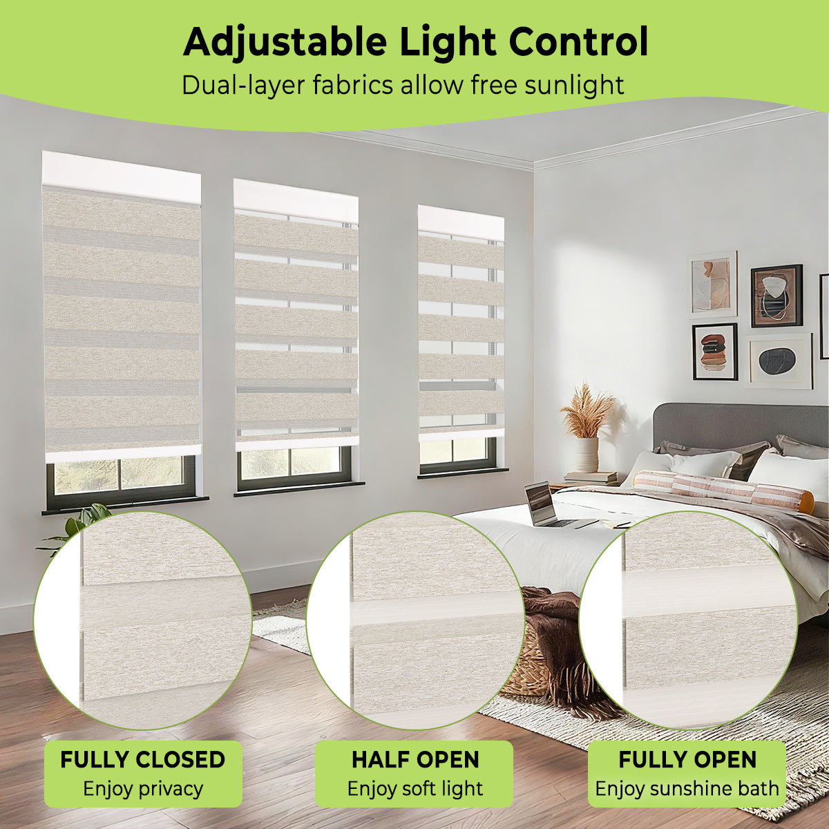 Custom cordless cassette light filtering zebra blinds in a bedroom, demonstrating adjustable light control with soft natural daylight and privacy.