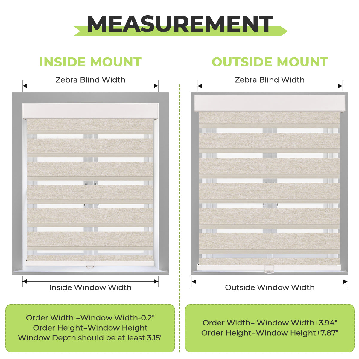 Comparison of inside mount and outside mount for custom cordless cassette light filtering zebra blinds, showing different installation styles for window coverage and light control.