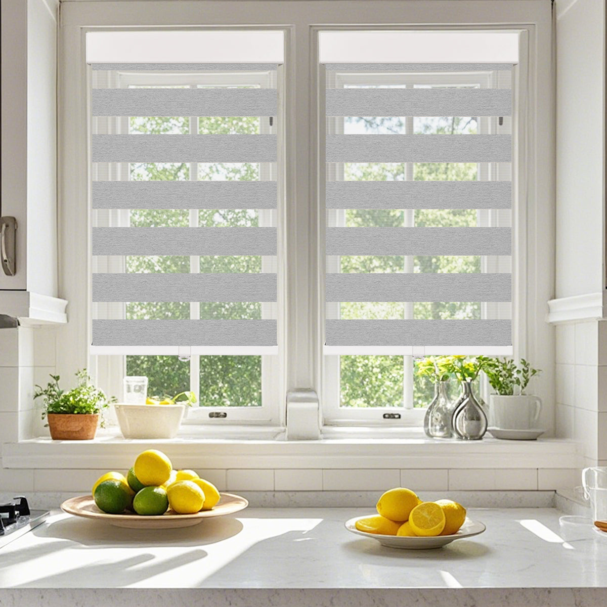 kitchen scene featuring custom cordless cassette light filtering zebra blinds, dual layer shades providing soft daylight, adjustable light control, and privacy.