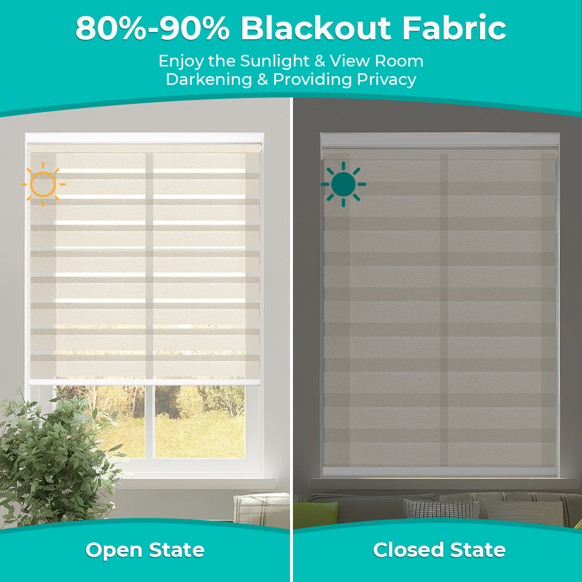 Custom Cordless No Drill Zebra Blinds Light Control Comparison Day and Night Privacy and Light Filtering Effect