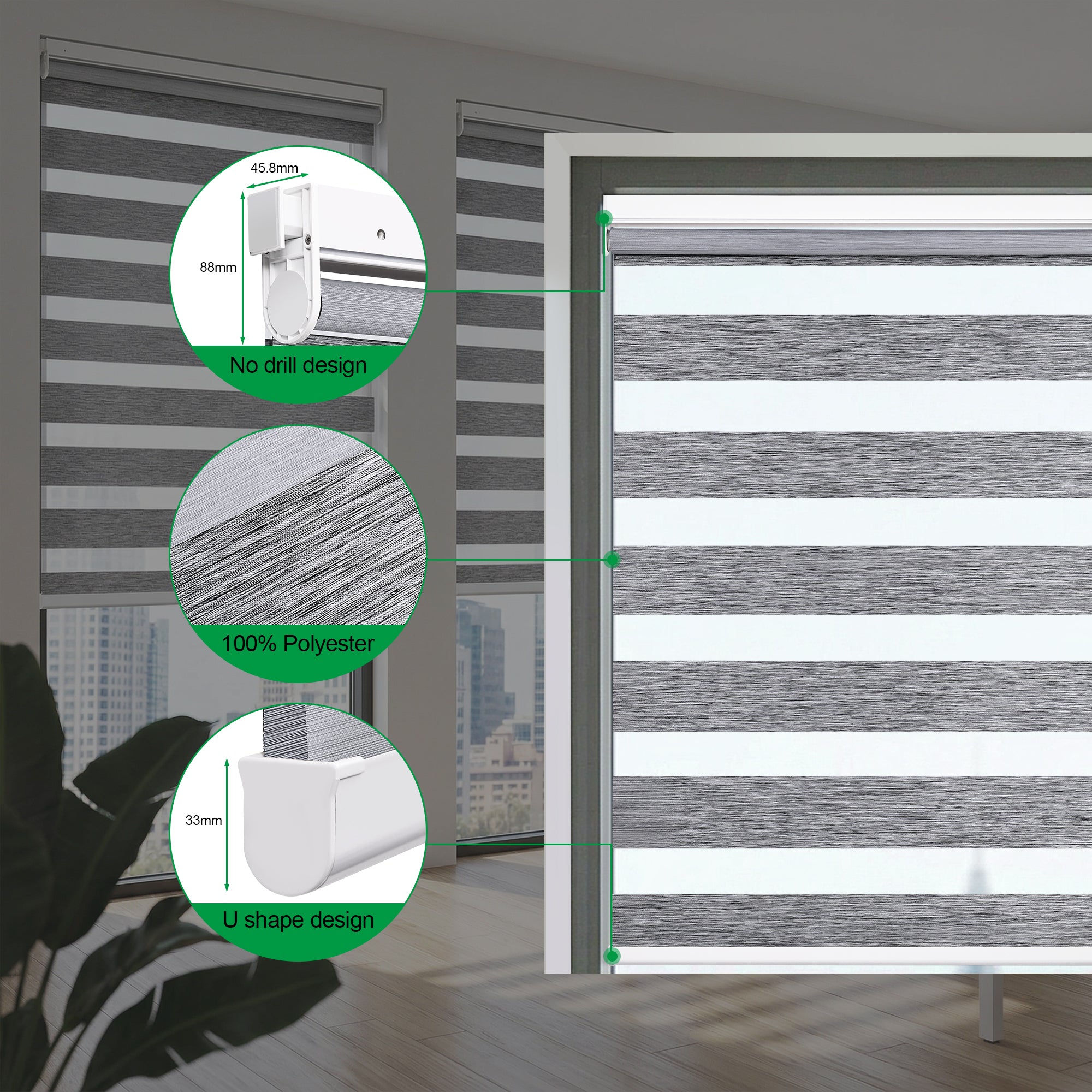 Custom cordless no drill light filtering zebra blinds product detail showing dual layer fabric, premium hardware and easy installation design