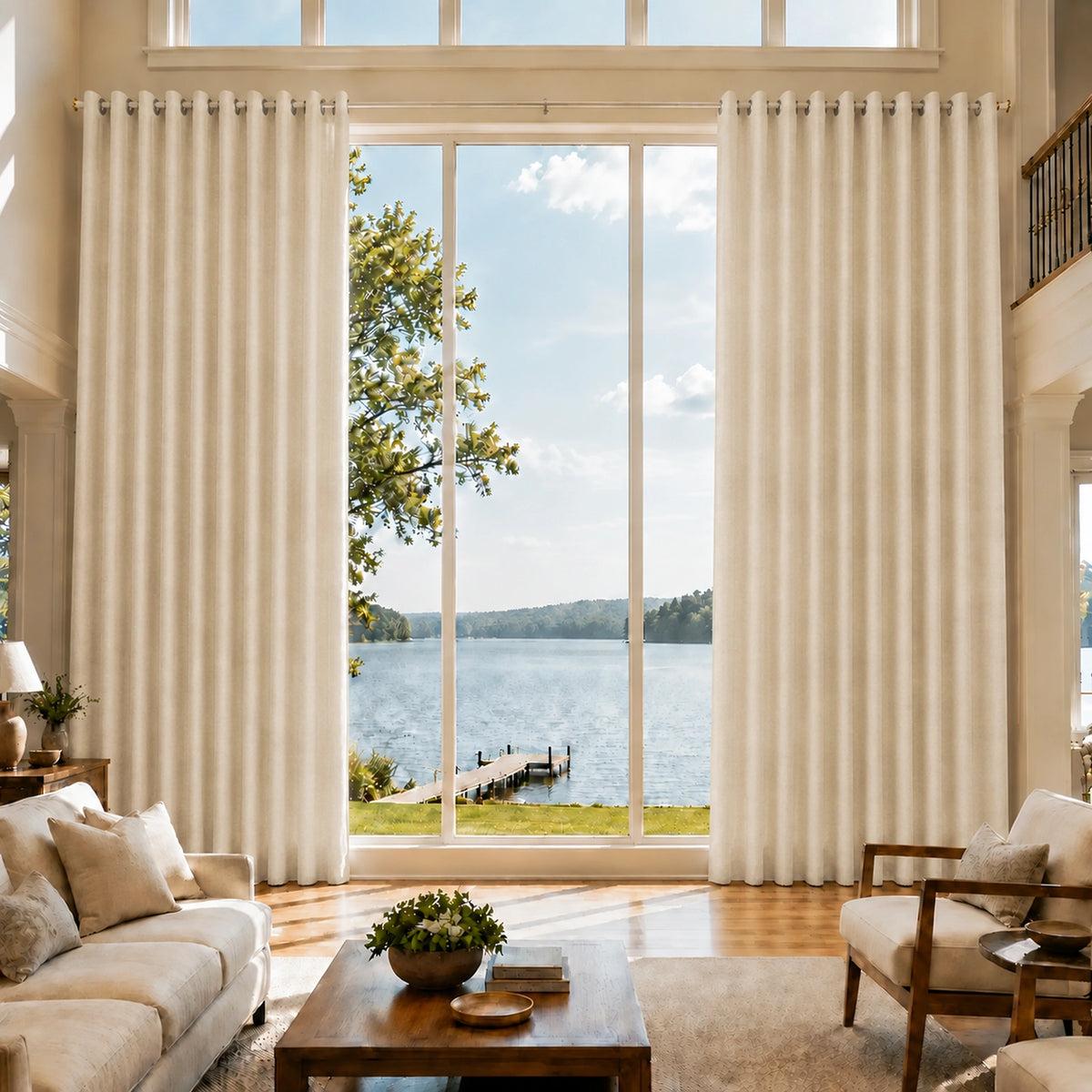 Custom Curtains, 100% Polyester Drapes, Made to Measure cream grommet curtains for extra tall windows, lake view living room
