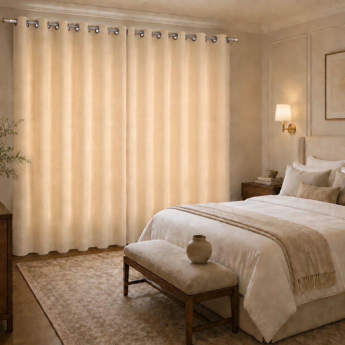 Custom Curtains, 100% Polyester Drapes, Made to Measure full width beige grommet curtains for neutral modern bedroom