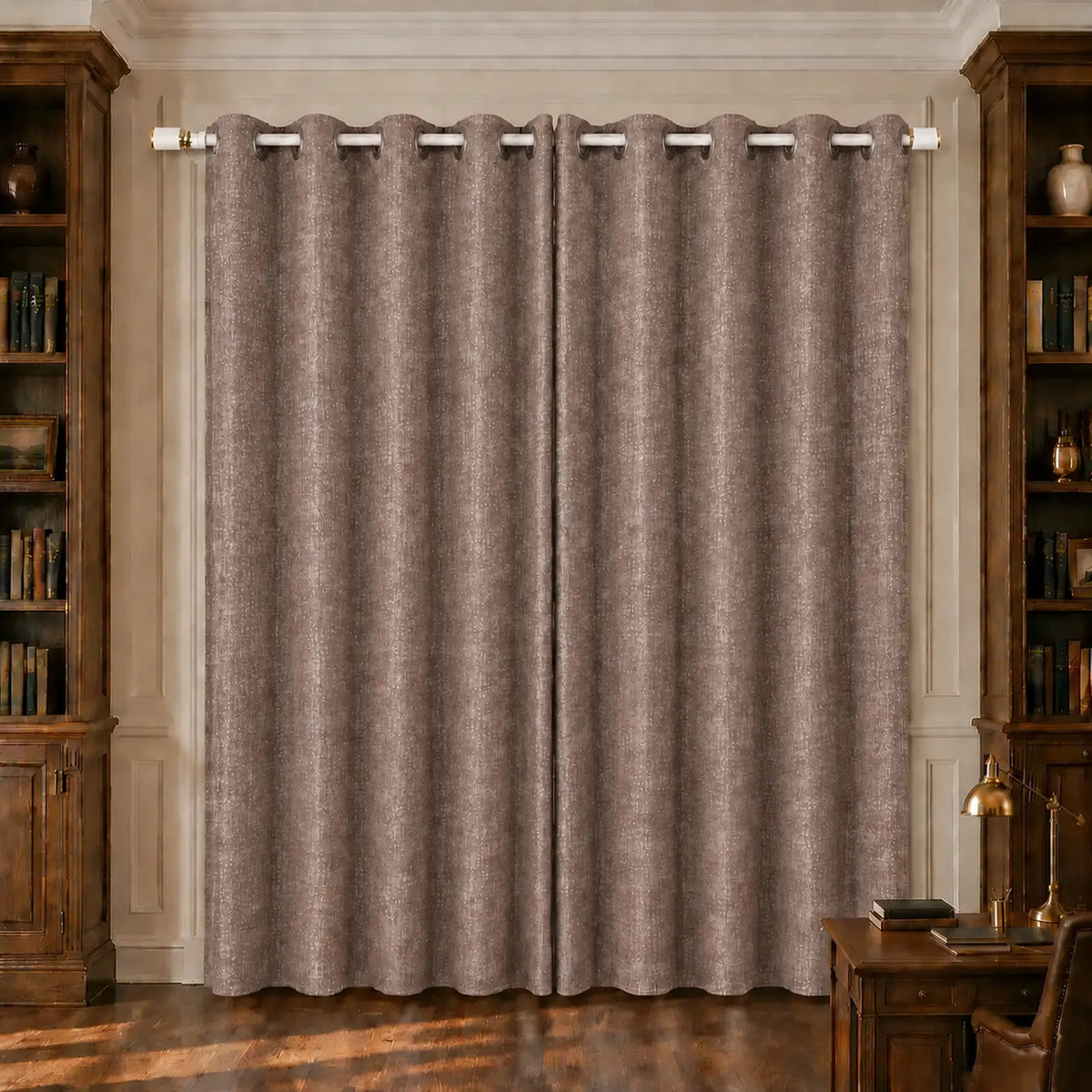 Custom Made-to-Measure Grommet Curtains, brown textured grommet curtains in traditional home office with wooden bookcases
