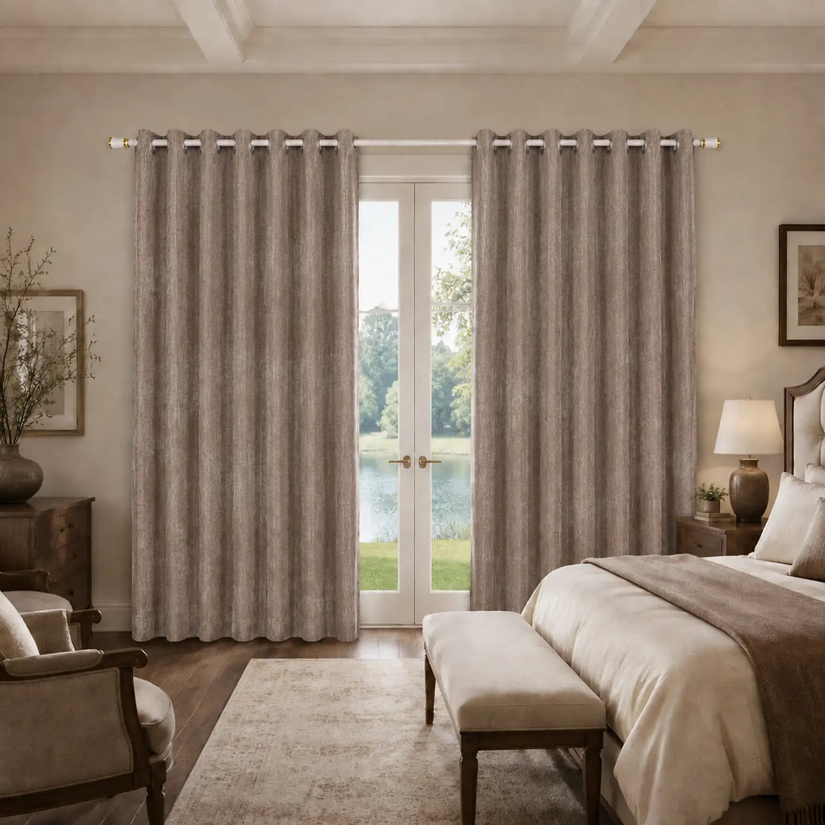 Custom Made-to-Measure Grommet Curtains, brown textured eyelet curtains for master bedroom with french doors overlooking lake