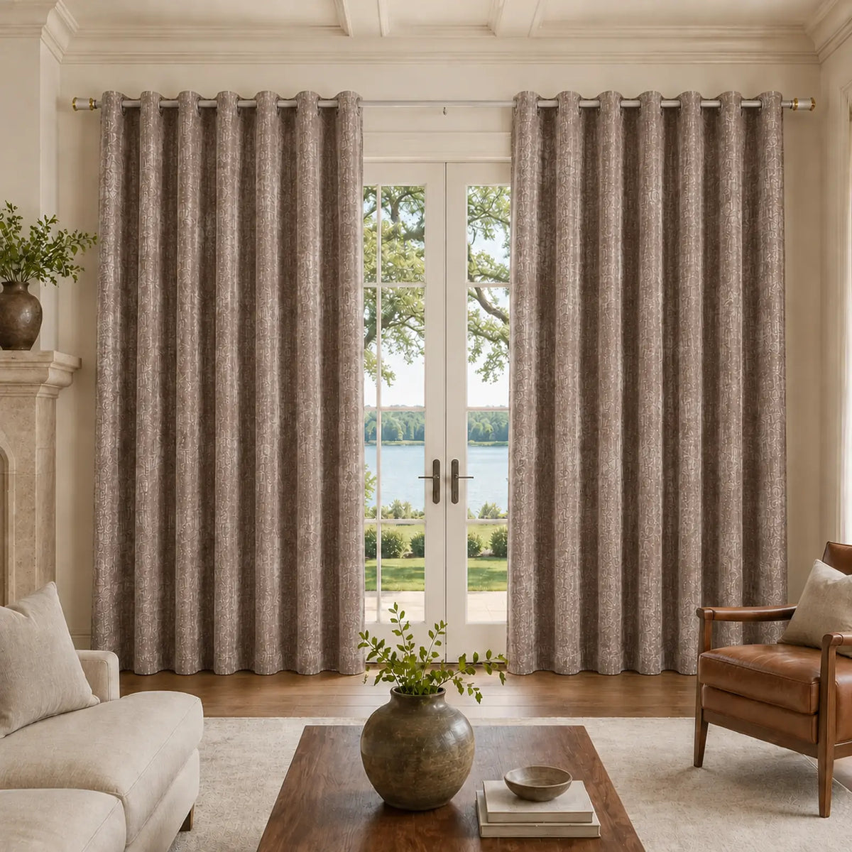 Custom Made-to-Measure Grommet Curtains, taupe textured grommet curtains for french patio doors in bright lake view living room
