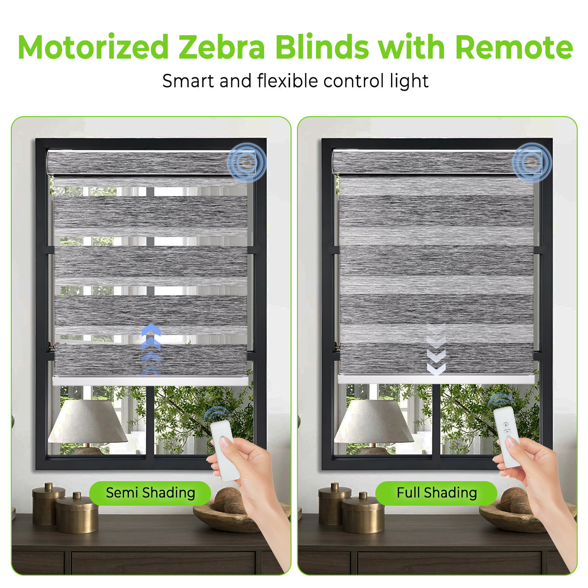Remote control motorized zebra blinds showing semi blackout vs full blackout light control comparison, custom dual layer shades for privacy, glare reduction, and room darkening.