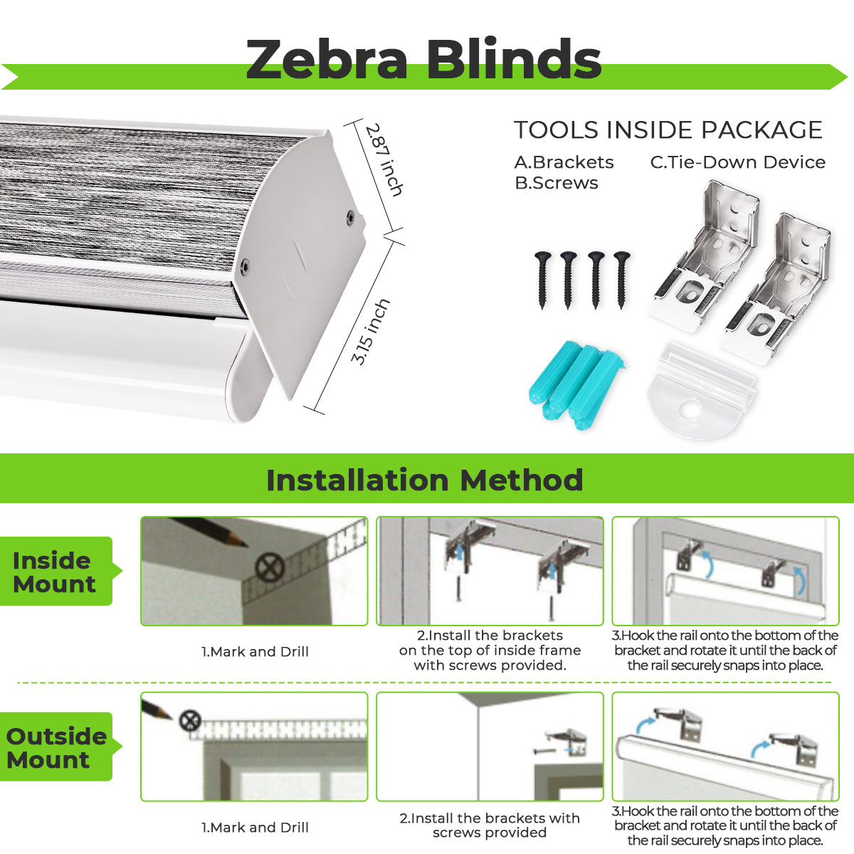 Remote control motorized zebra blinds measurement and installation guide for custom window shades, showing product sizing instructions and easy installation steps for inside and outside mount.