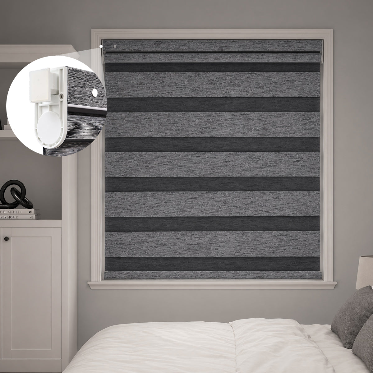 Custom No-Drill Cordless Blackout Zebra Shades, striped zebra blind in bedroom, inset close-up showing no-drill cordless mounting hardware