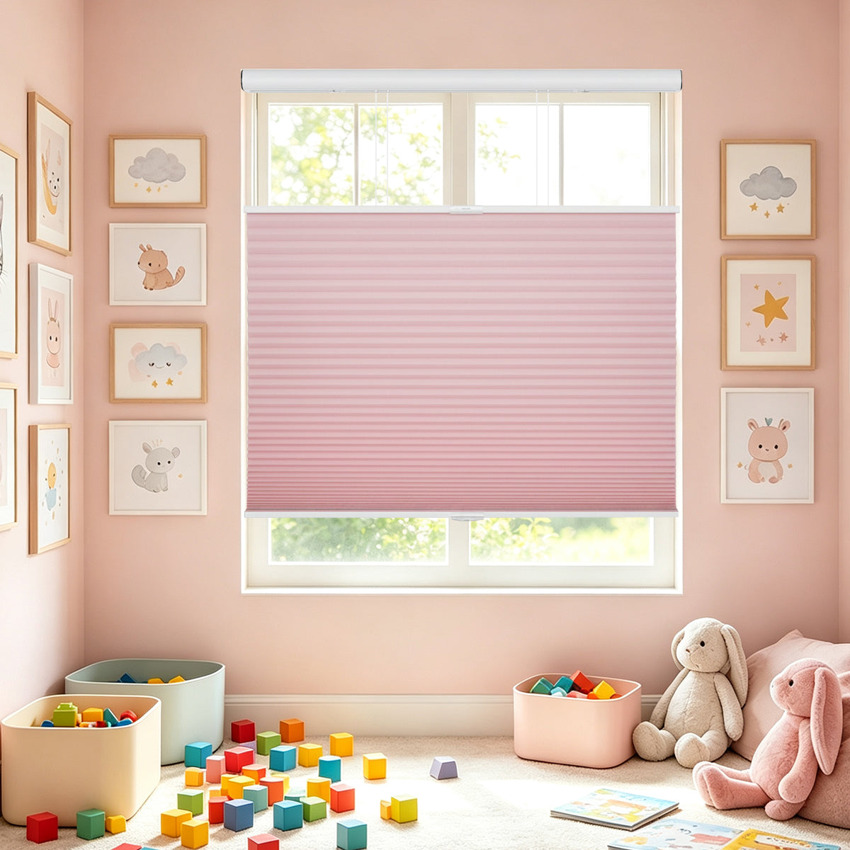 Custom No Drill Cordless Top Down Bottom Up Light Filtering Honeycomb Shades, Pink Inside Mount Cellular Window Blinds for Kids Nursery Room, Child Safe Design