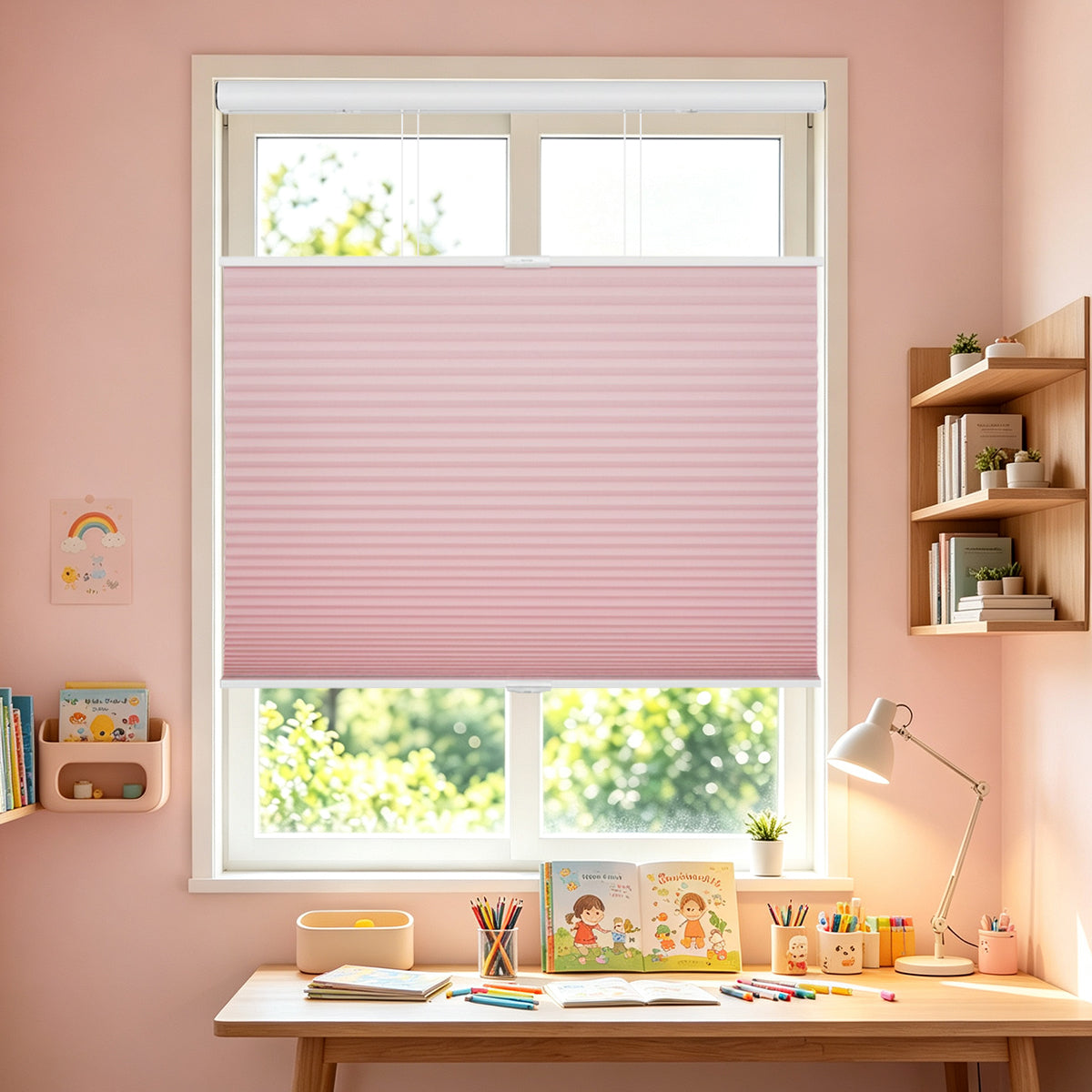 Custom No Drill Cordless Top Down Bottom Up Light Filtering Honeycomb Shades, Pink Inside Mount Cellular Window Blinds for Kids Study Room, Child Safe Design