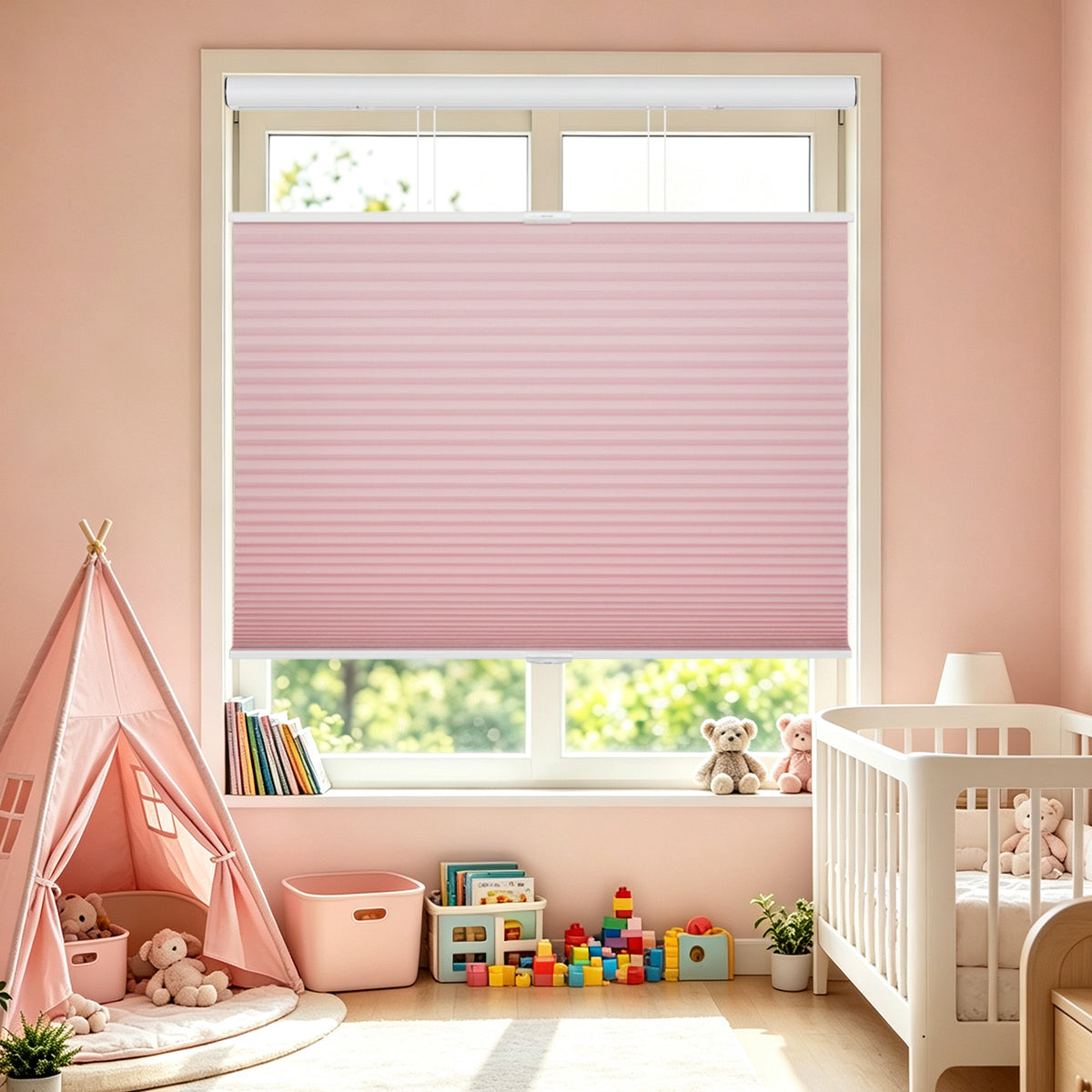 Custom No Drill Cordless Top Down Bottom Up Light Filtering Honeycomb Shades, Pink Inside Mount Cellular Window Blinds for Baby Nursery Bedroom, Child Safe Design
