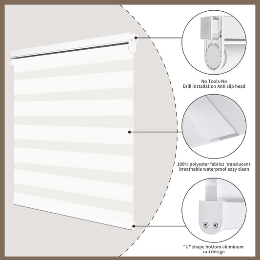 Custom no drill cordless zebra shades featuring waterproof light filtering fabric, tool-free installation system, and durable U-shaped aluminum bottom rail
