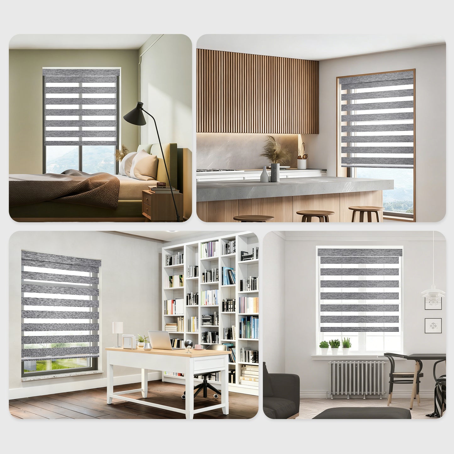 Custom No Drill Motorized Zebra Blinds in different room scenes, including living room, bedroom, and office spaces, featuring smart control, adjustable light filtering, and modern window styling.