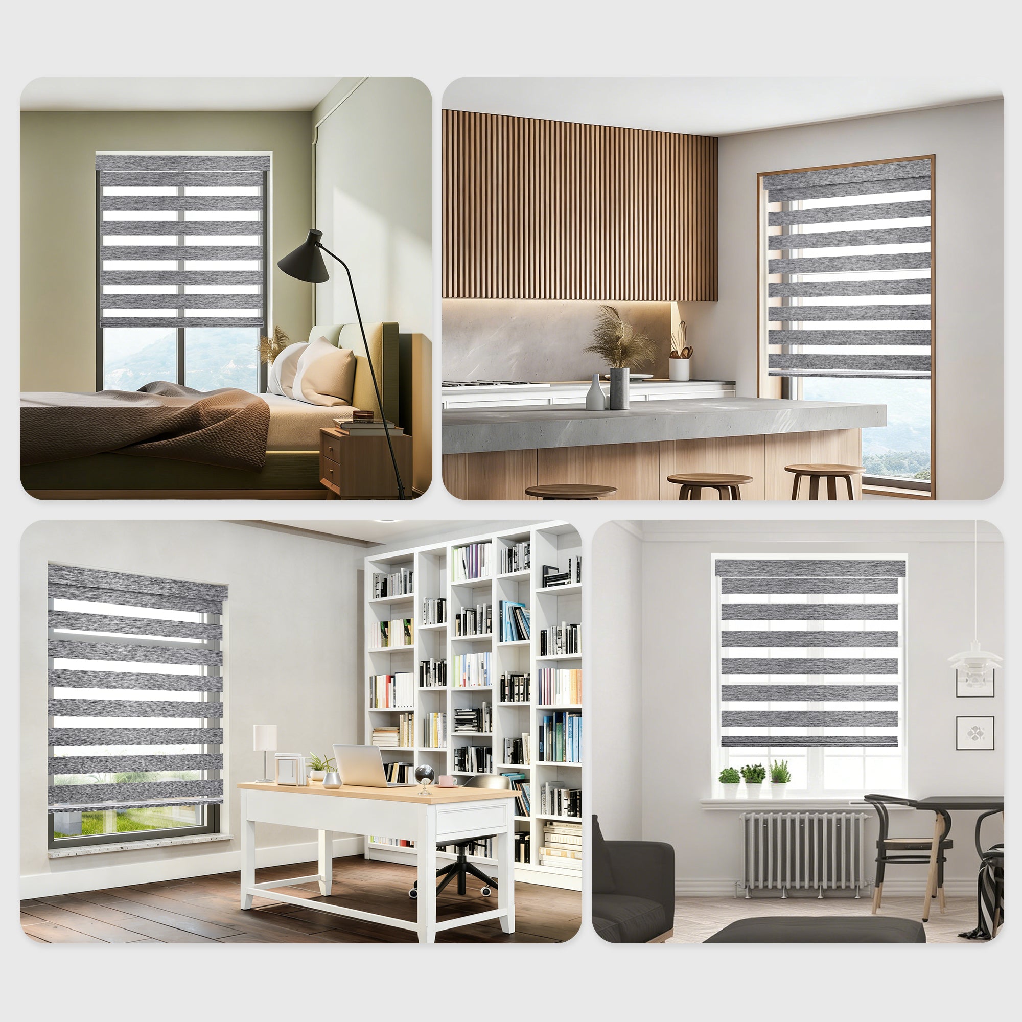 Custom No Drill Motorized Zebra Blinds in different room scenes, including living room, bedroom, and office spaces, featuring smart control, adjustable light filtering, and modern window styling.