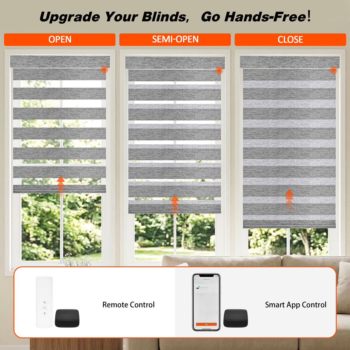 Light control comparison of Custom No Drill Motorized Zebra Blinds, demonstrating open and closed fabric positions for adjustable daylight, glare reduction, and enhanced privacy.