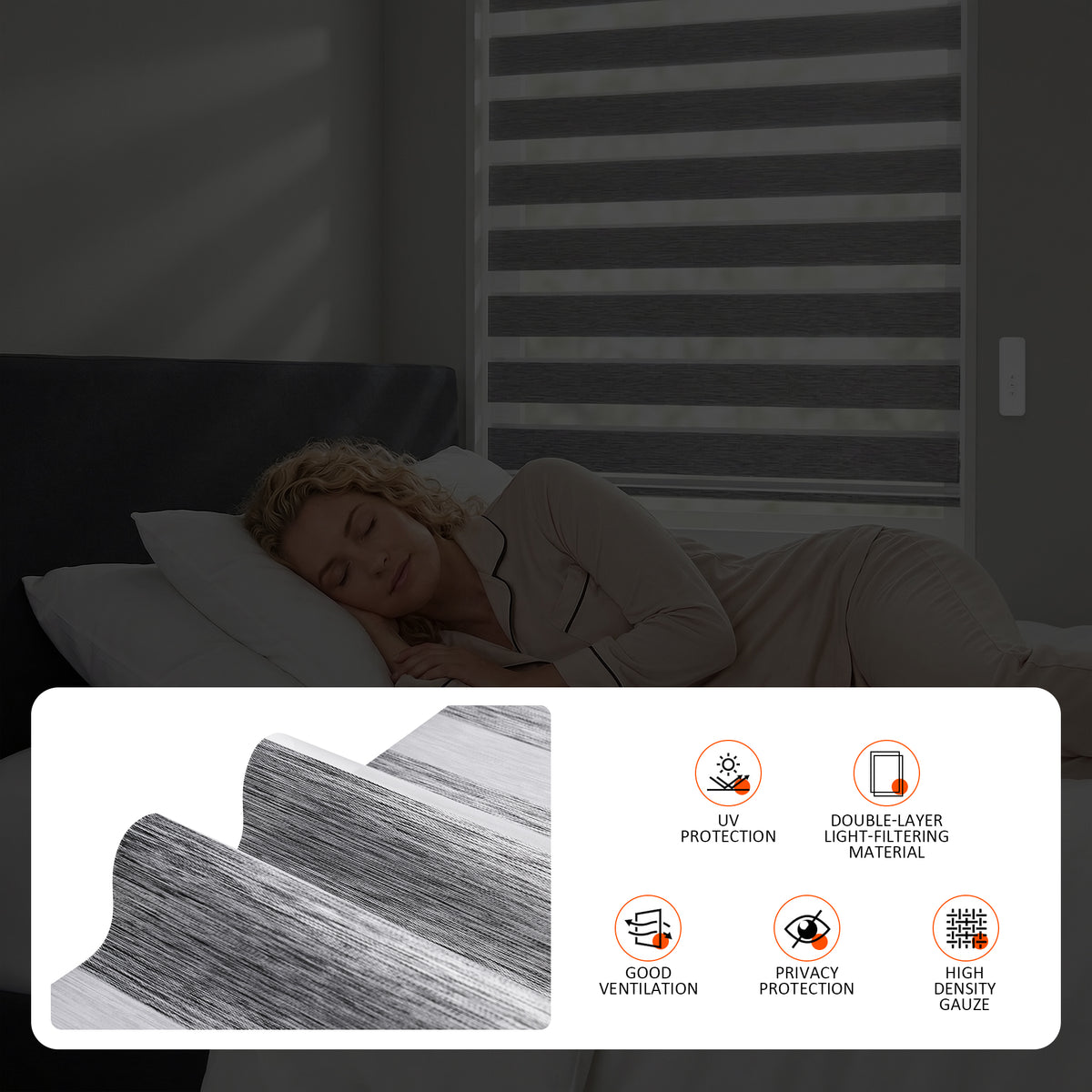 Light filtering effect of Custom No Drill Motorized Zebra Blinds, showing adjustable sheer and solid fabric layers for daylight control, privacy, and modern window coverage.
