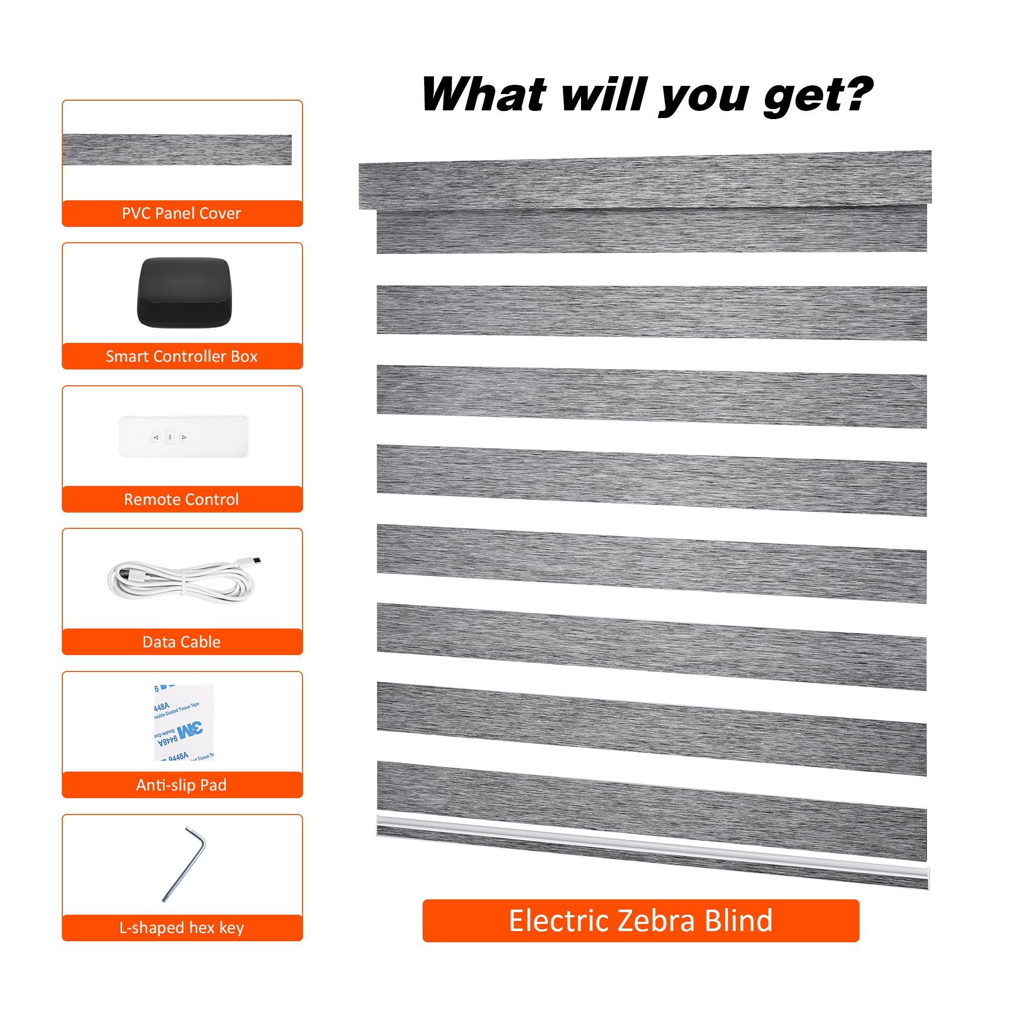 Package contents and accessories for Custom No Drill Motorized Zebra Blinds, including the motorized blind, remote control, mounting brackets, charging cable, installation accessories, and user manual.