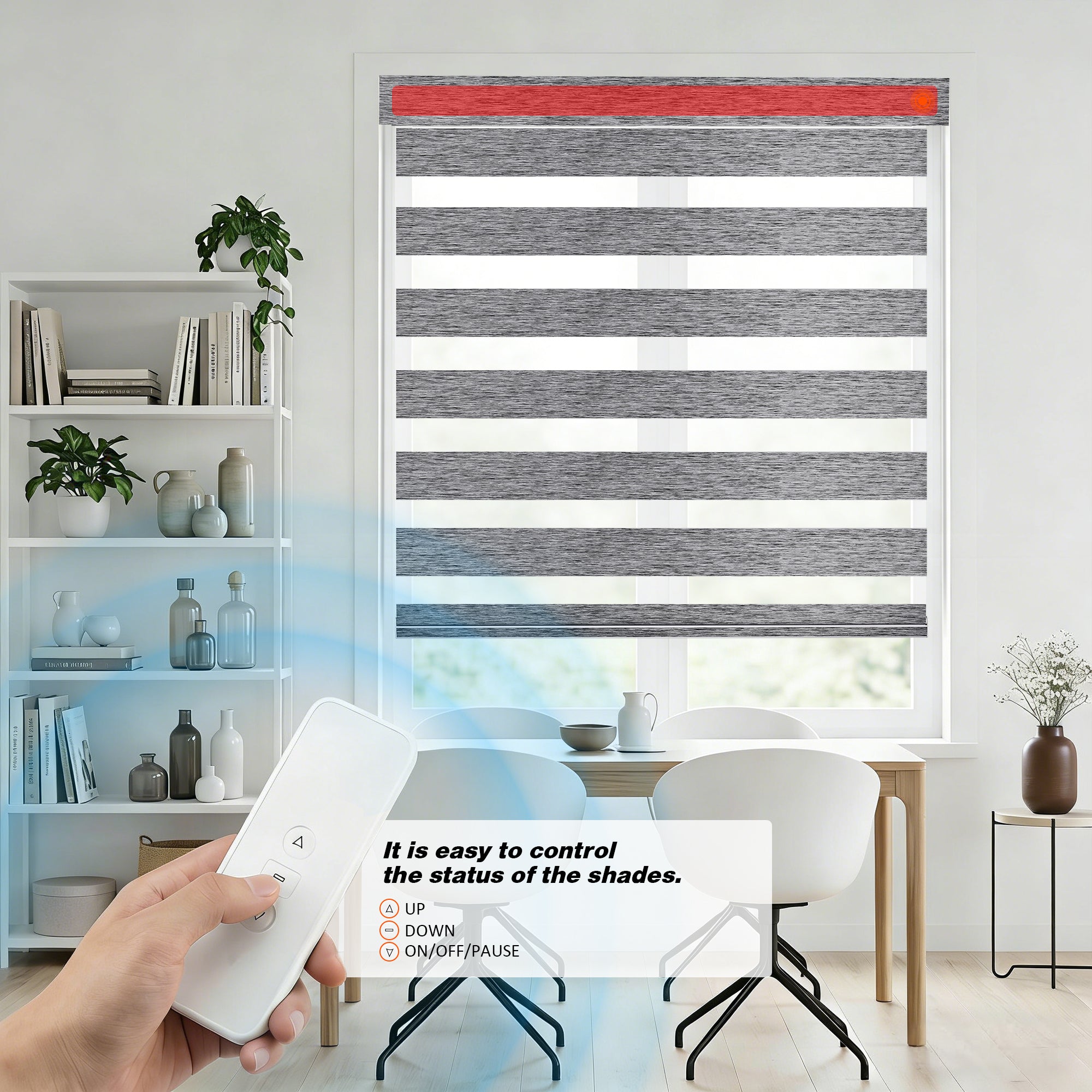 Remote control functions of Custom No Drill Motorized Zebra Blinds, featuring one-touch operation, precise light adjustment, cordless smart control, and adjustable privacy for modern windows.