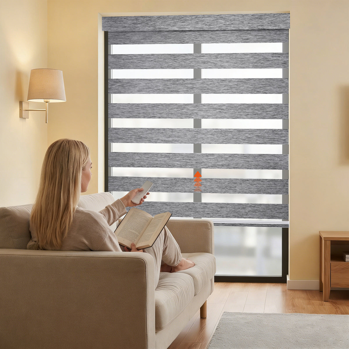 Remote control operation of Custom No Drill Motorized Zebra Blinds, showing smart wireless control for adjusting light levels, privacy, and zebra shade positions.