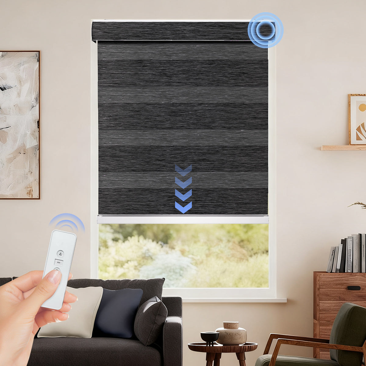 Remote control motorized blackout zebra blinds for living room windows, custom dual layer room darkening shades for privacy, glare reduction, and light control.