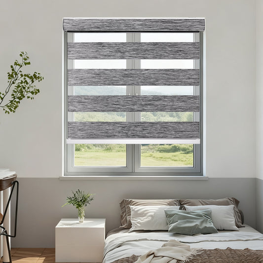 Remote control motorized zebra blinds for bedroom windows, custom dual layer zebra shades with light filtering and privacy control for restful sleep.