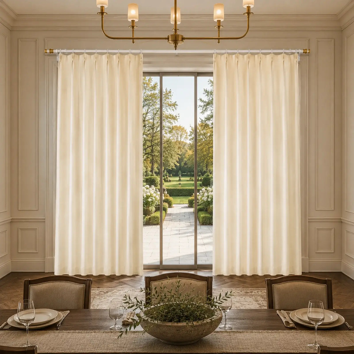 Custom Wool Blend Pinch Pleat Curtains in Pale Cream, wool blend pinch pleat curtains in elegant traditional dining room with garden view