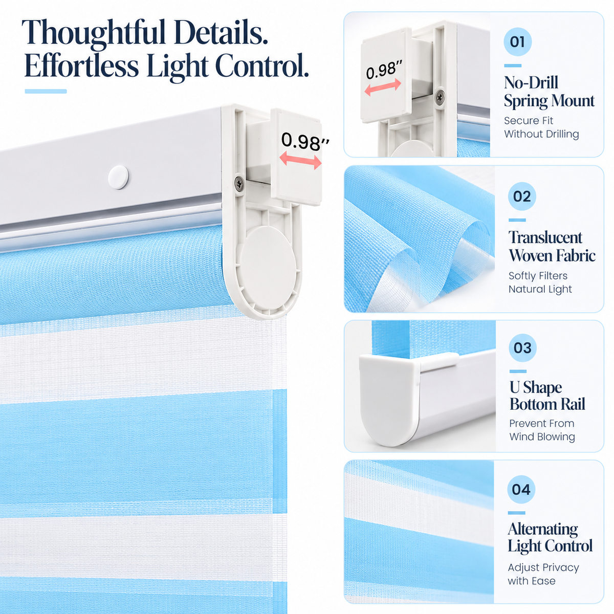 No-Drill Cordless Translucent Zebra Shades – Light Filtering