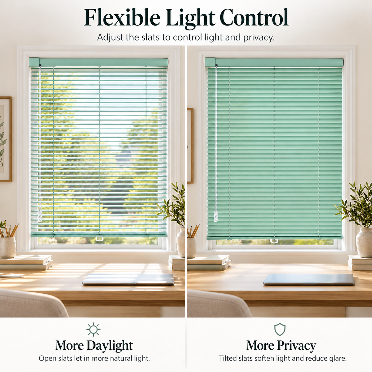 No-Drill Cordless Aluminum Venetian Blinds – Mint Green