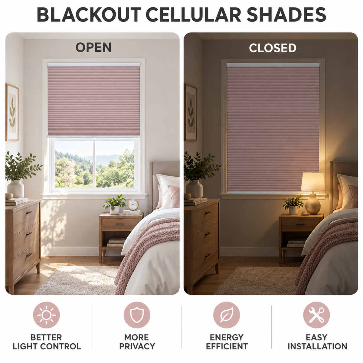 No Drill Blackout Cellular Shades, Cordless 45mm Honeycomb Shades