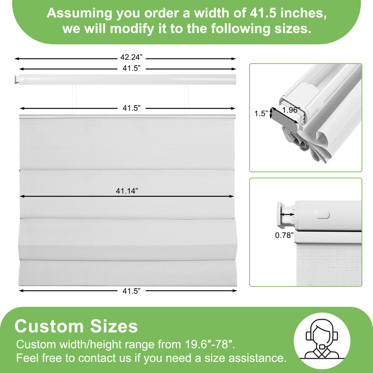 Drill-Free Cordless Roman Shade – Light Filtering Privacy Top Down Bottom Up, custom size specification diagram for roman window blinds