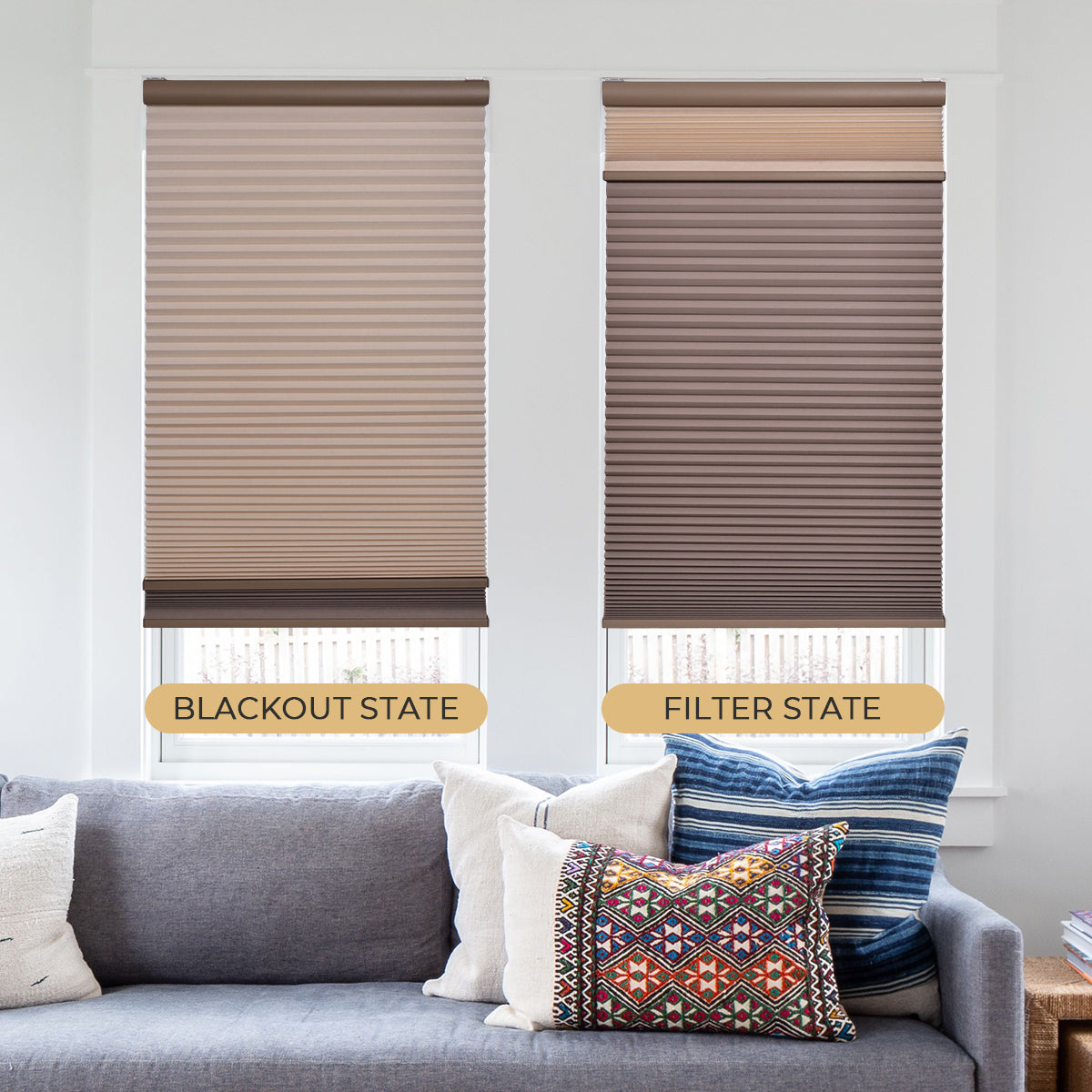 Custom Day Night Cellular Shades Showing Light Filtering and Blackout Comparison