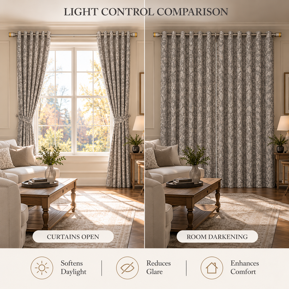 Custom Gray Botanical Wool-Blend Room Darkening Grommet Curtains – 2 Panels