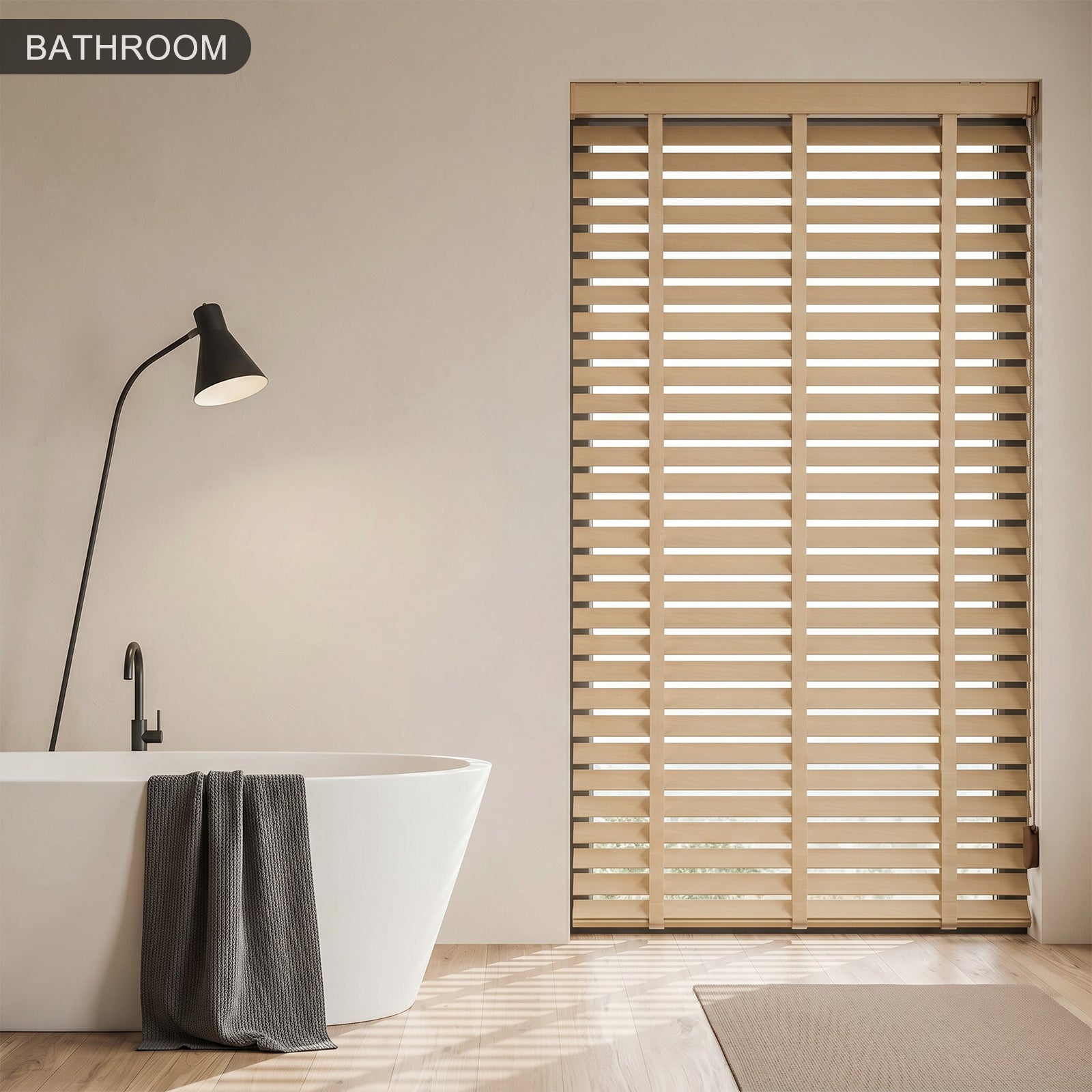 Custom faux wood Venetian blinds for bathroom windows with adjustable light control