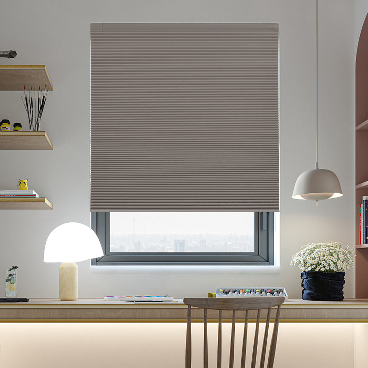 Gray no drill cordless honeycomb blinds, blackout cellular shades for residential study interior windows
