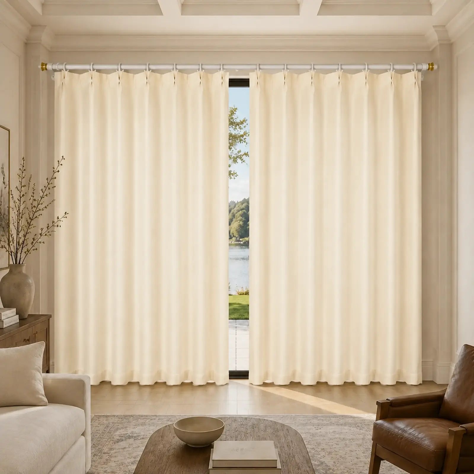 Custom Wool Blend Pinch Pleat Curtains - Made to Measure Warm Ivory Textured Drapes - 25% Wool, 15% Acrylic, 60% Polyester