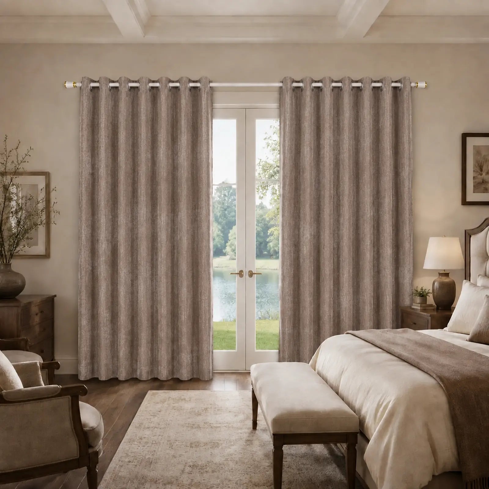 Custom Made-to-Measure Grommet Curtains – Textured Mocha Taupe Window Drapes, 5% Linen, 5% Wool & 90% Polyester