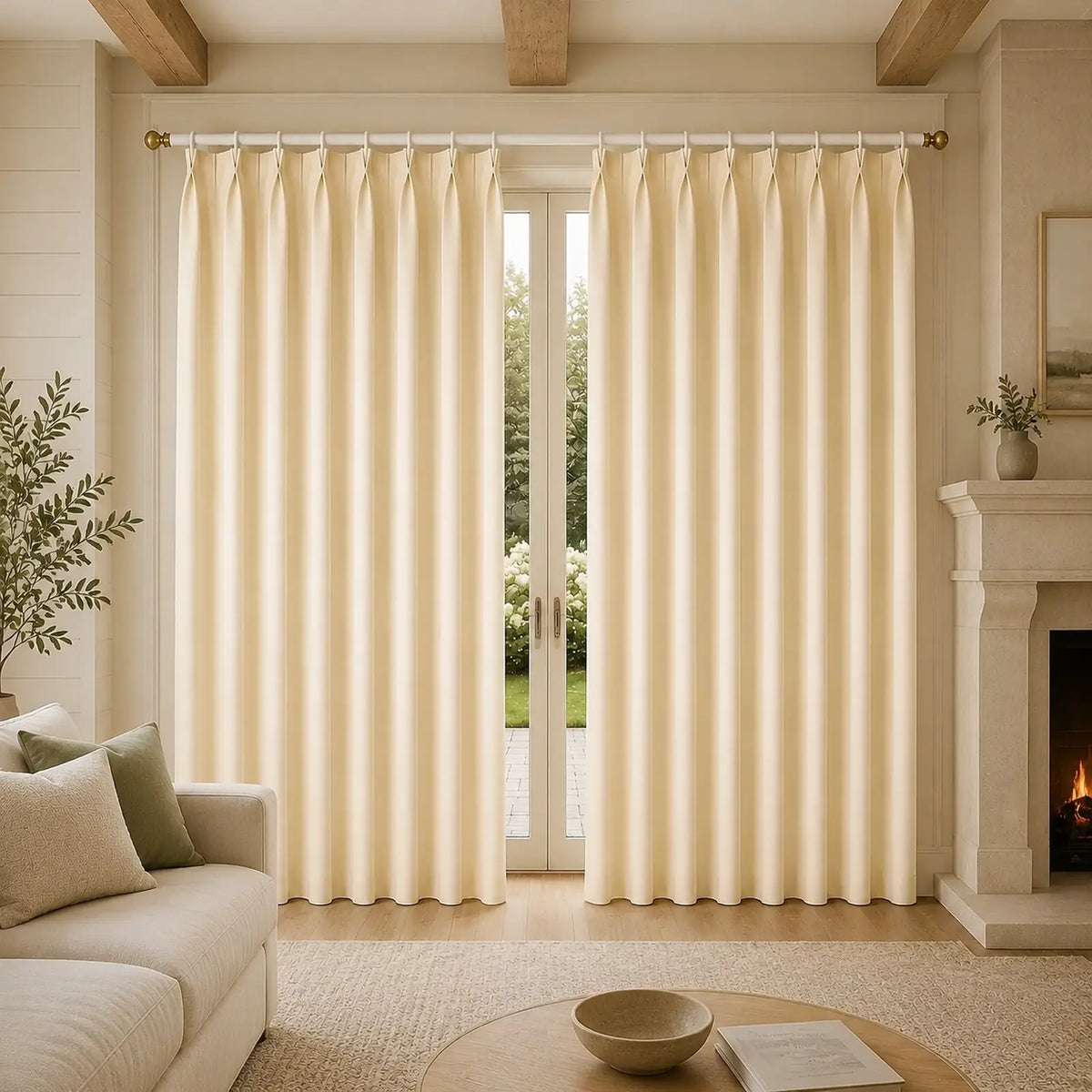 Custom Wool Blend Pinch Pleat Curtains - Made to Measure Warm Ivory Textured Drapes - 25% Wool, 15% Acrylic, 60% Polyester