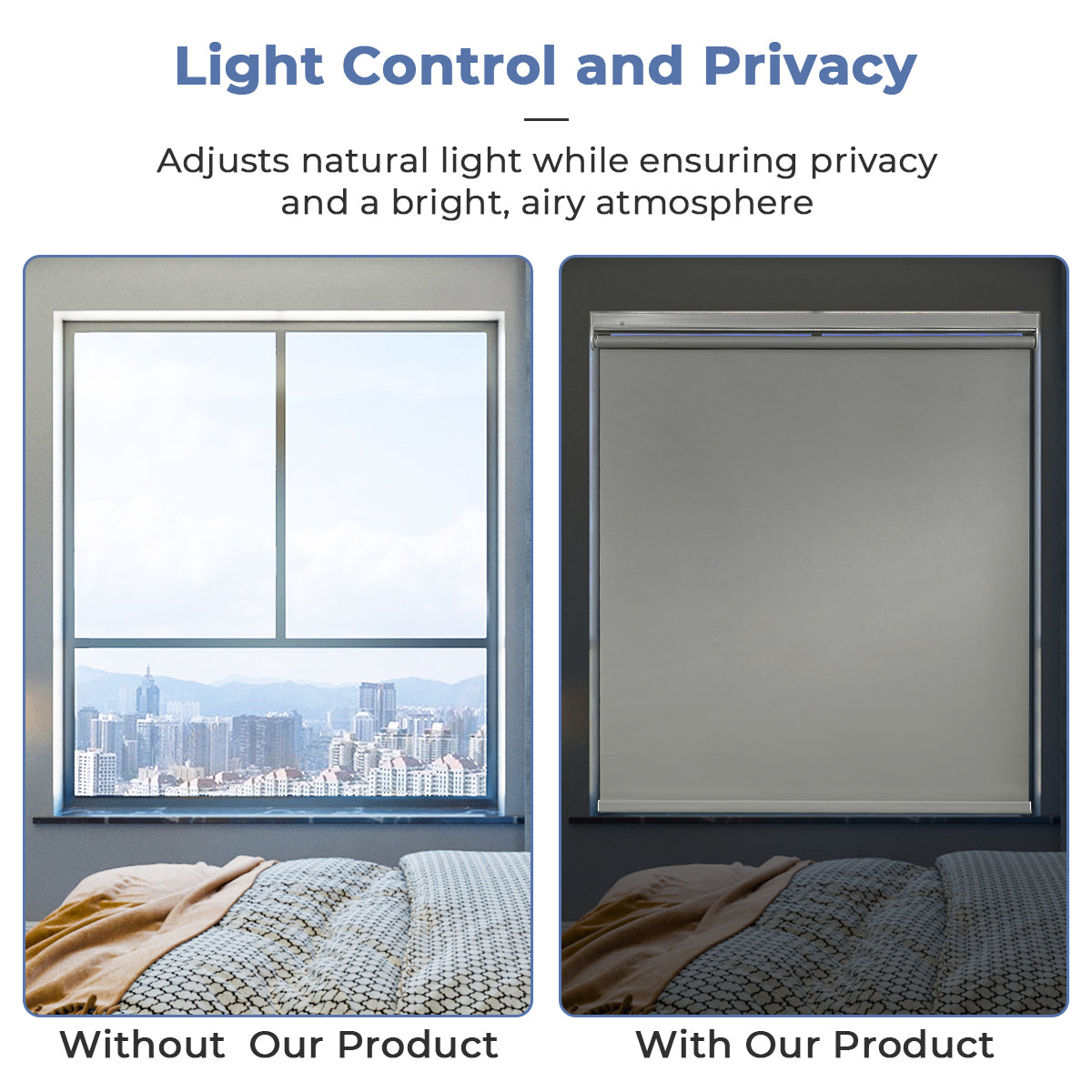 Before and after installation of no drill cordless blackout roller shades