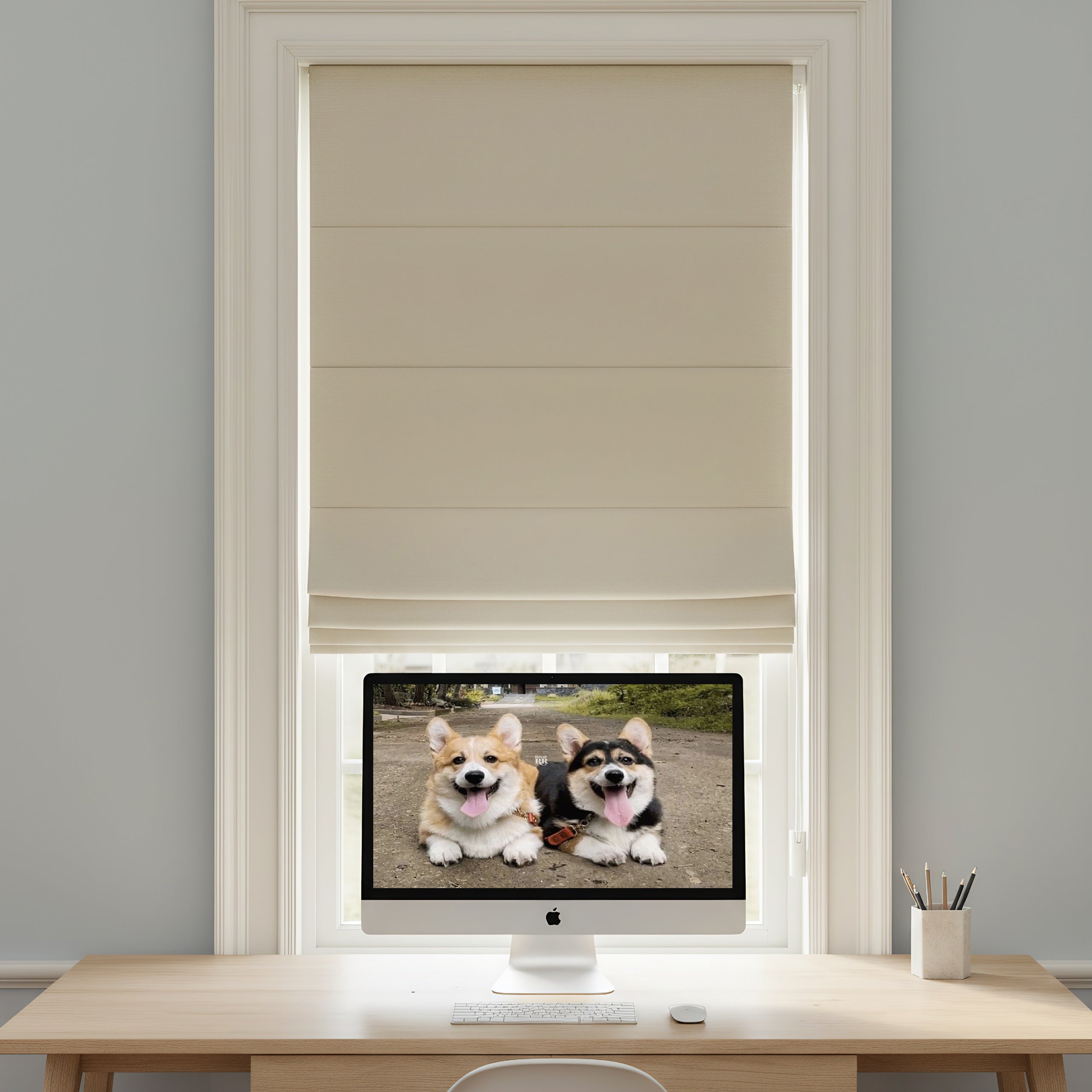 No Drill Blackout Roman Shades in Home Office – Study Room Window Shades for Privacy and Light Control