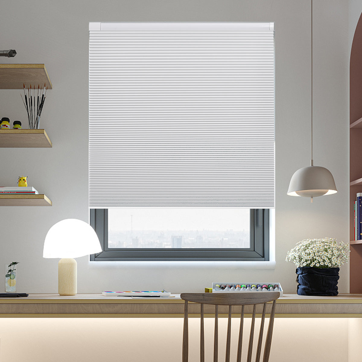 Cordless no drill cellular shades white, custom blackout honeycomb blinds for home office interior windows