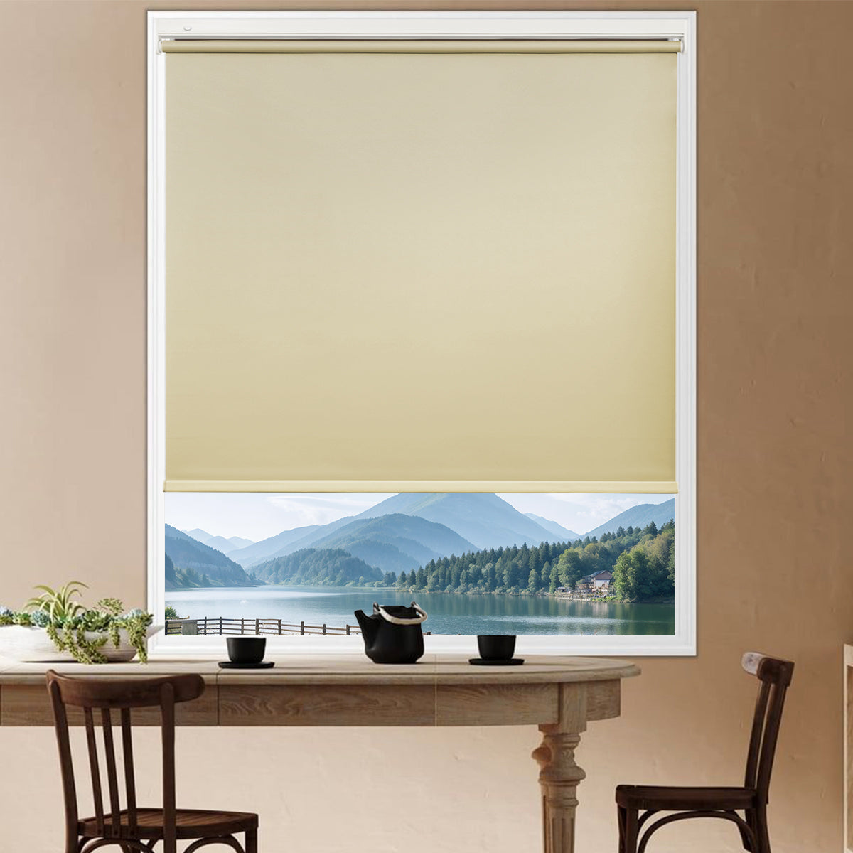 Modern dining room with cordless blackout roller shades