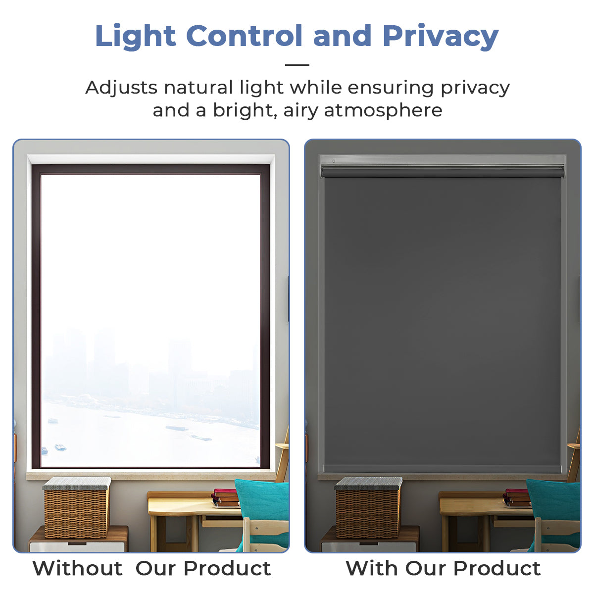 Before and after installation of cordless blackout roller shades in home office