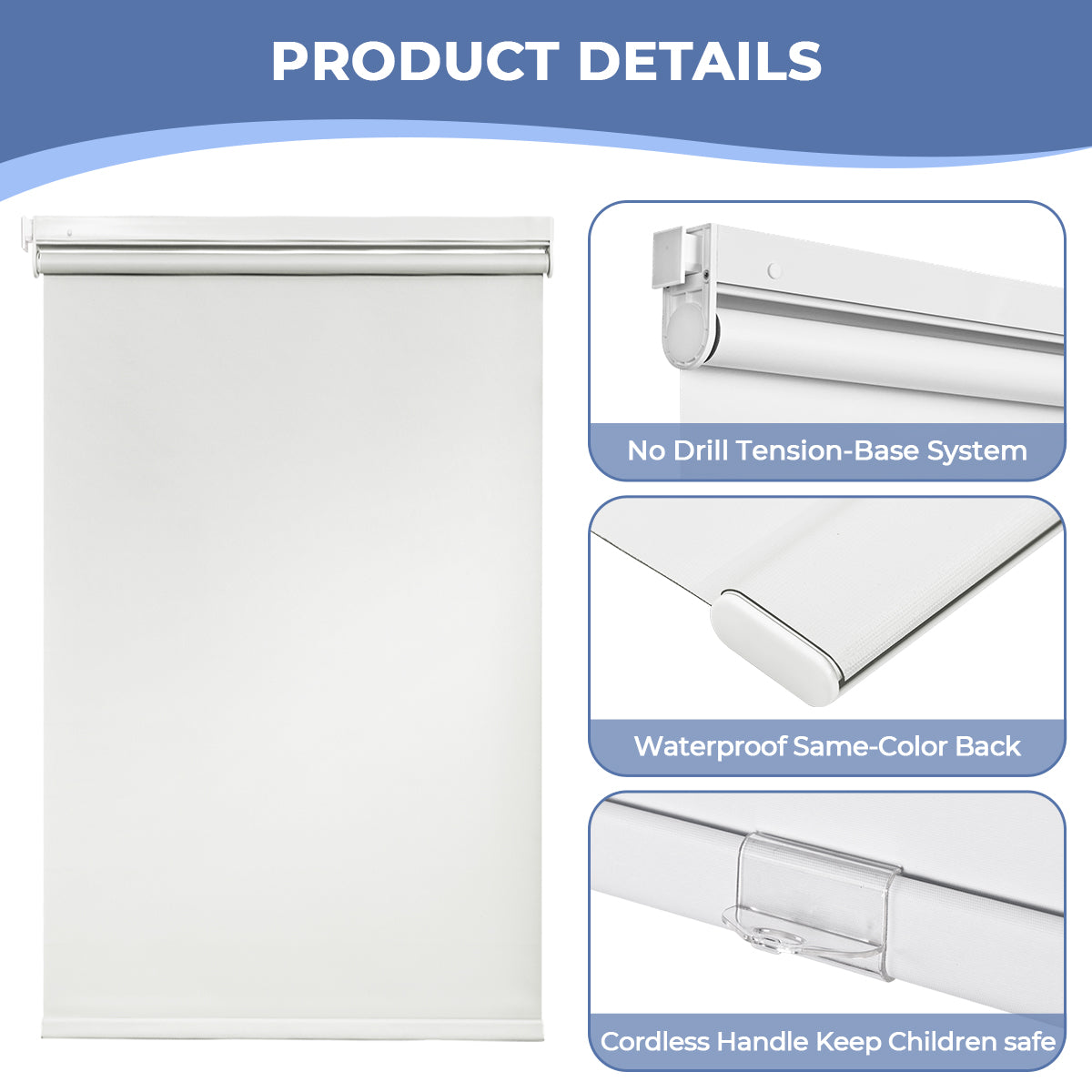 Product details of no drill cordless blackout roller shades with waterproof fabric and child-safe design