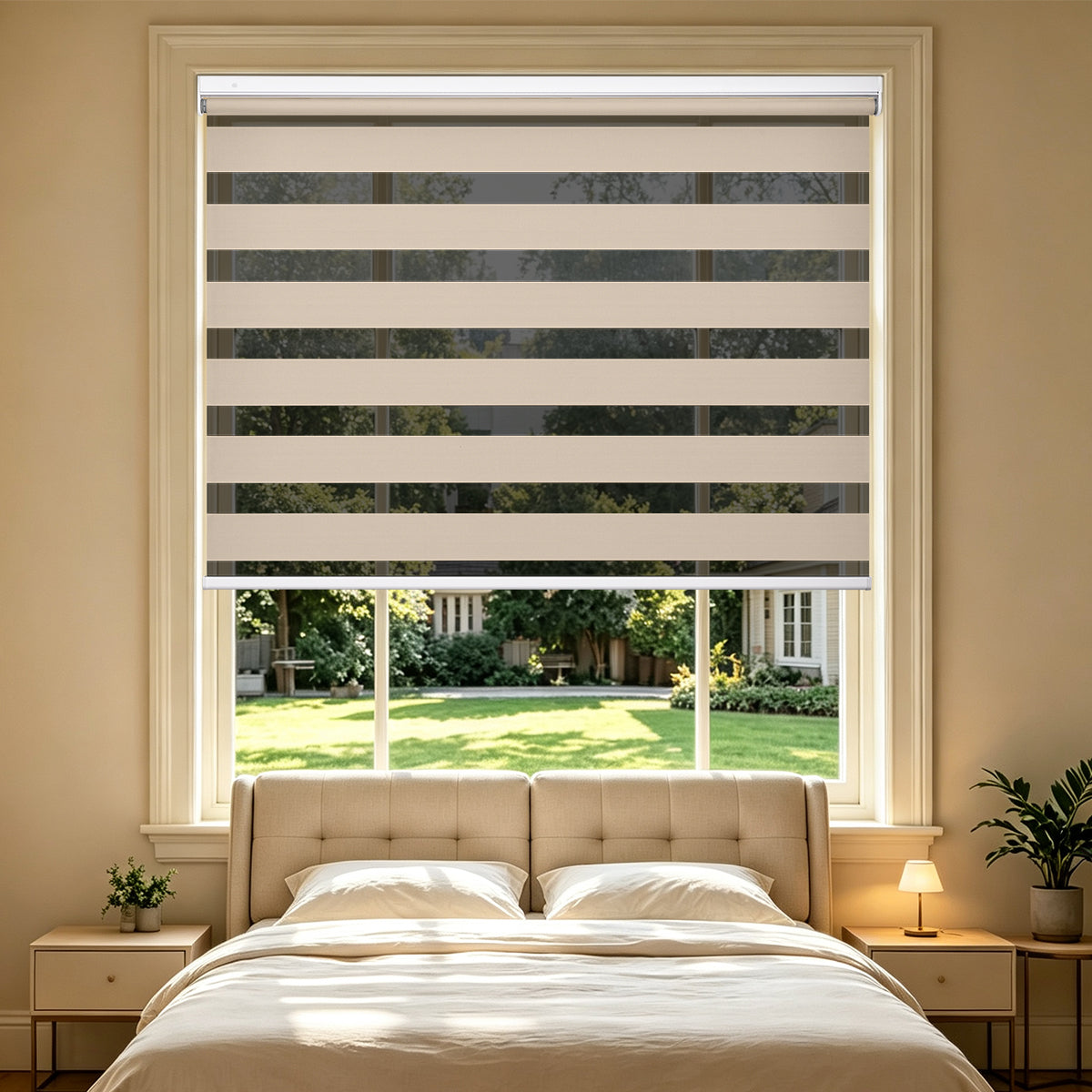 No Drill Cordless Blackout Zebra Shades – 98–100% Light Blocking, cordless zebra shades installed in master bedroom window