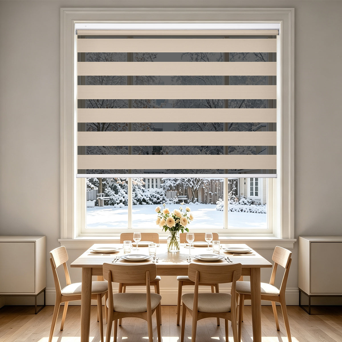 No Drill Cordless Blackout Zebra Shades – 98–100% Light Blocking, zebra blinds inside dining room window with snowy outdoor view