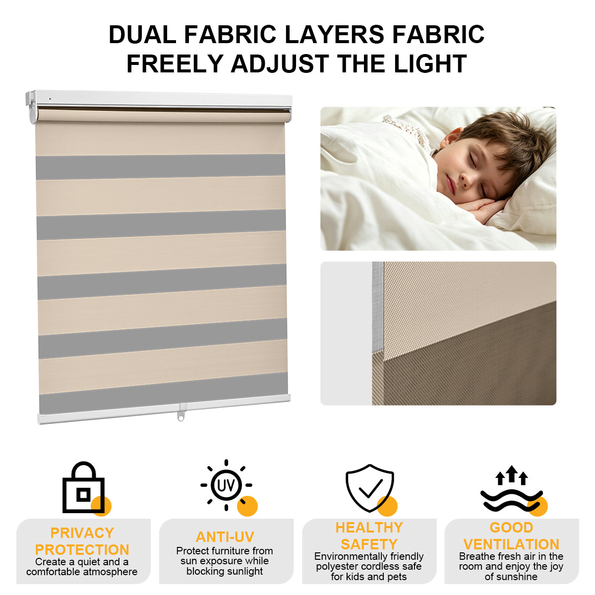 No Drill Cordless Blackout Zebra Shades – 98–100% Light Blocking, dual fabric layers for adjustable light, privacy protection, anti-UV, child-safe cordless design