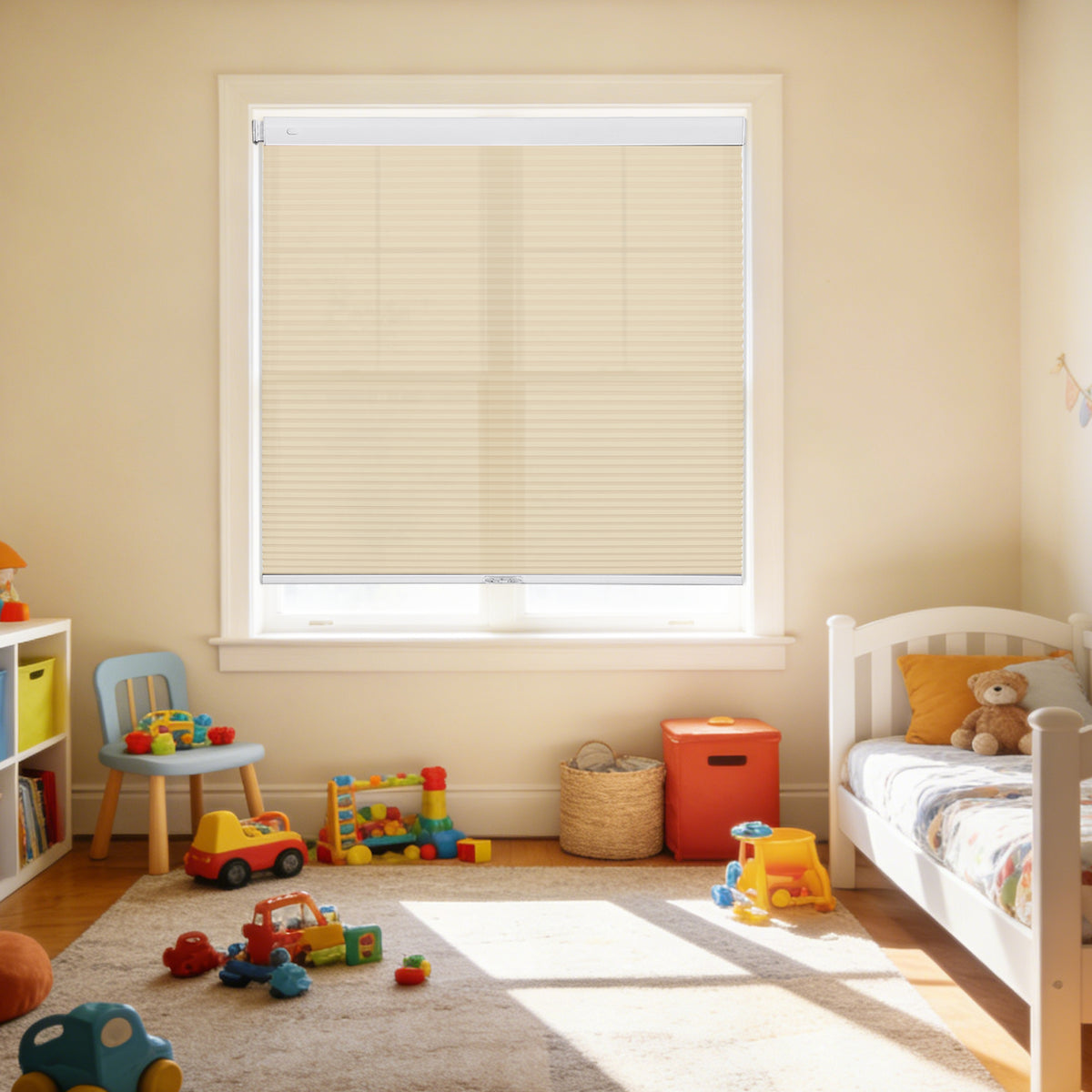No drill cordless light filtering honeycomb shades installed in a bedroom providing soft natural light and privacy