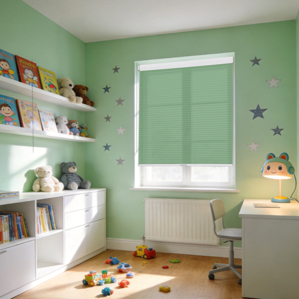 No drill cordless light filtering honeycomb shades installed in a home office providing soft daylight and screen glare reduction